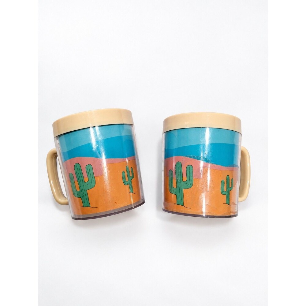Vintage 1989 Royal Crest Cactus Insulated Mugs Set of 2 Southwest Desert Plastic